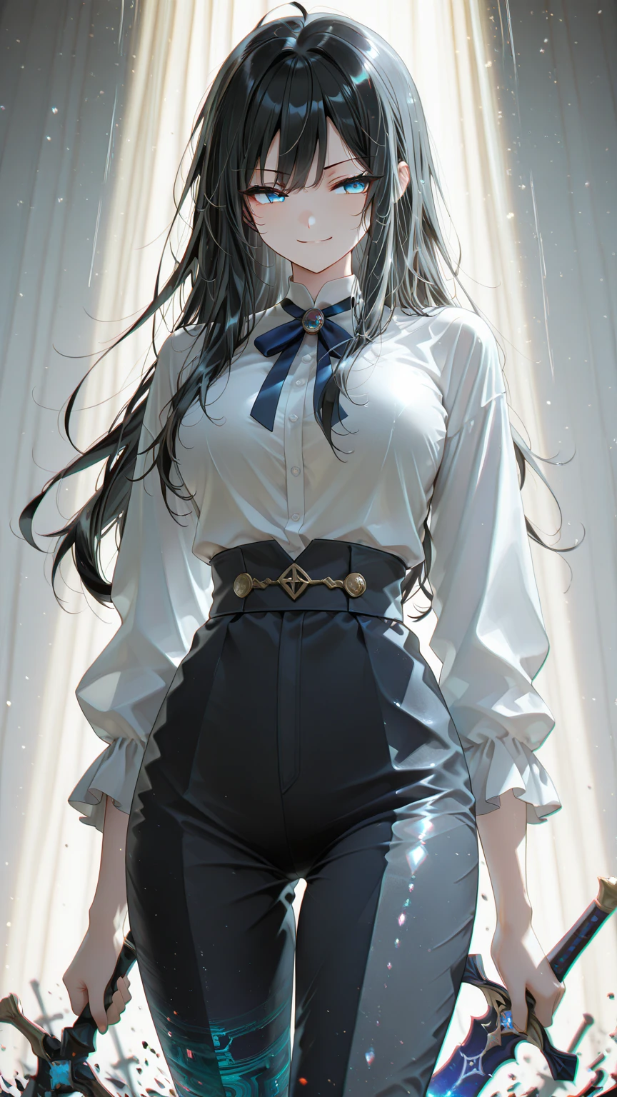 tmasterpiece、Need、1female、Medium chest、Chinese beautiful woman、realisticlying、White stockings、slenderlegs、Black hair、No hair accessories、Crystal white skin、blue pleated shirt+Short white skirt、One hand lifts the dress he is wearing,Expose more thighs、Unbutton a few of the blue pleated shirts with one hand,Expose some、The face is facing forward,But the gaze of the eyes is dodging,There was a flush on his face、Modern room。