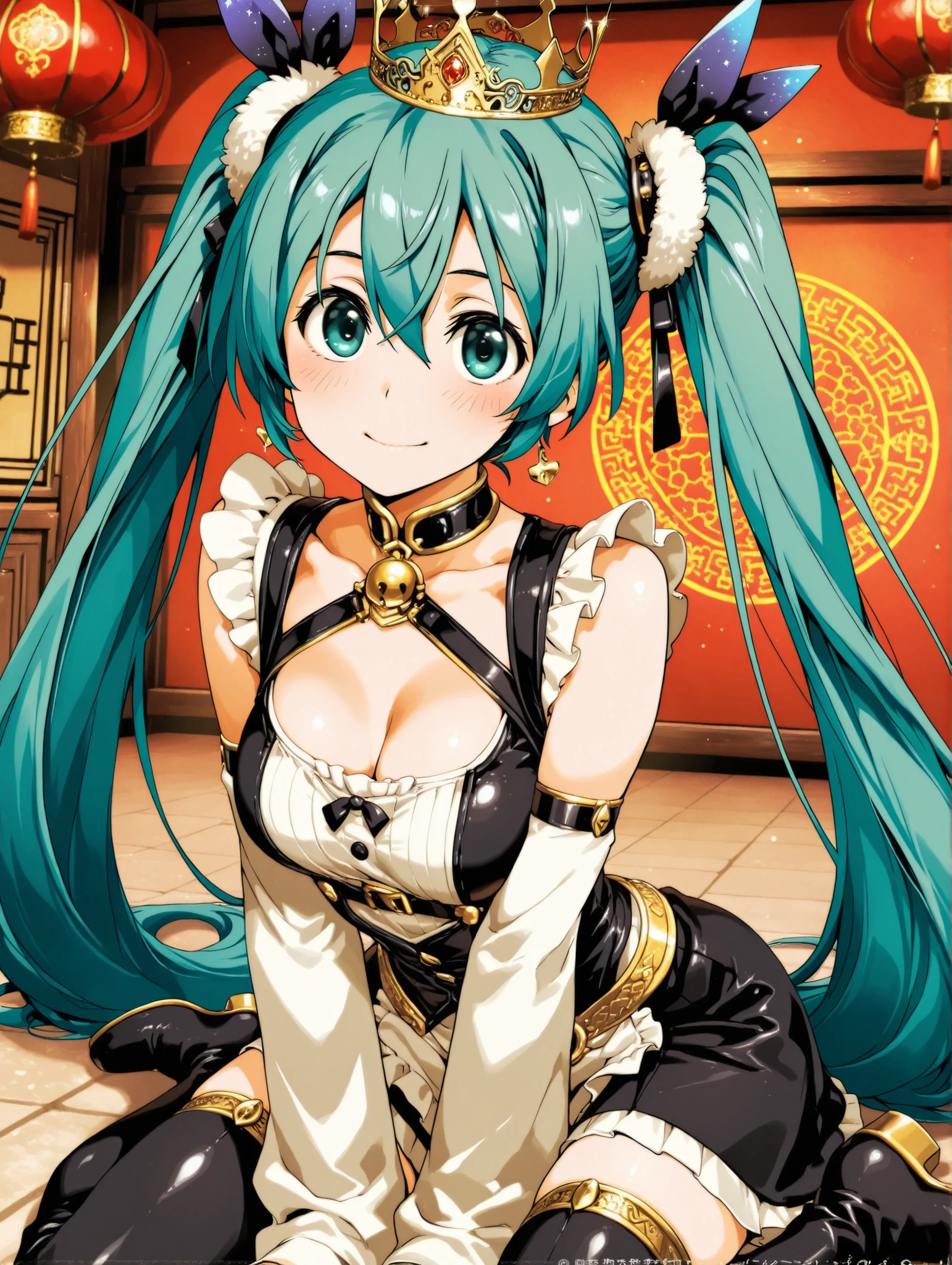 (masterpiece、Highest Quality、Highest Quality、Official Art、beautiful and beautiful:1.2)、Hatsune Miku、beautiful breasts、Light Green Twin Tails、Queen of Chinese Style、 Beauty and the Beast 、a big beast wearing a crown、beast staring at each other in the woods is a big silver wolf、Beast and Queen Facing Each Other、二peopleが向かい合っている、Western and Chinese Fusion、The2people々