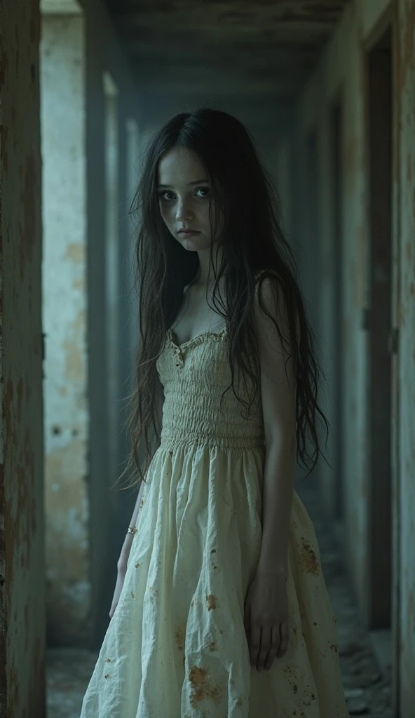 Dirty Dungeon, Steel Dress, crying face, shy, (Wet and dirty extra long hair), slave, restrained, chained, Dirty white tank top, with cuff Boyish