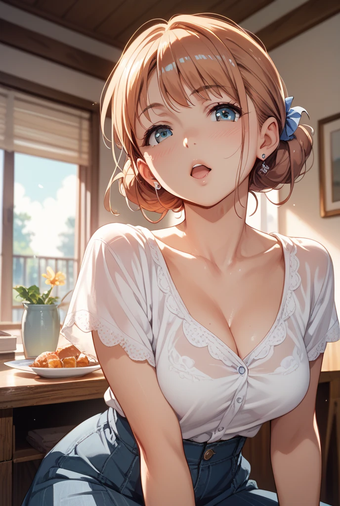(((masterpiece+best quality+high resolution+ultra-detailed), realistic art)), kousaka honoka,1girl with clima-tact, high nose, sharp eyes, noble and inviolable temperament, (([female]: 1.2 + [beauty]: 1.2 + orange hair: 1.2)), pirate ship background, blue sky, clouds, log pose, gold bracelets, revealing yellow bikini halter top, tight low-rider white jeans, shoulder tattoo, bright blue eyes, dynamic angle and posture, sweaty, sweating,(lips:0.6),xiala, clothes_pull, cleavage, shirt_pull, llchar,wet,wet clothes, rain