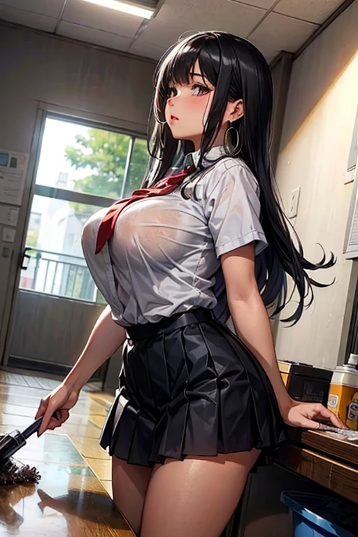 best quality,1girl,((big breasts:1.3)),((orgasm,blush,sweat,steam, red eyes,empty eyes:1.3)),Shiranui Mizuki, hair ribbon, ((long hair, low twintail:1.3)), ((school uniform,white shirt, short sleeves, pleated skirt, blue skirt, black thighhighs,mini skirt,lift skirt,upskirt,black panties,lace panties:1.3)),crowd,((bound arms,arms behind back:1.5)),((Wooden horse bdsm)),erect nipples,see through,pussy juice