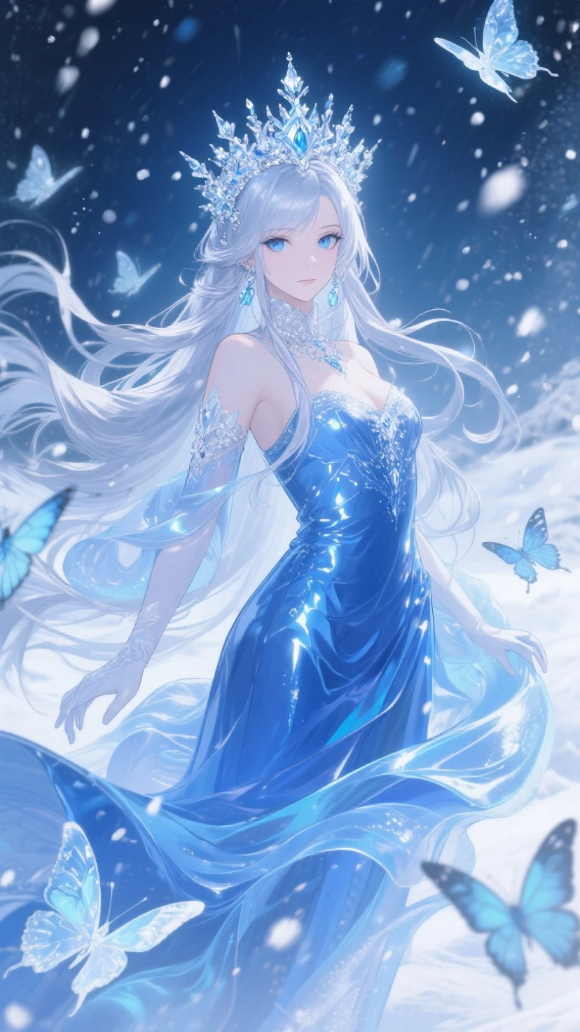 Work of art, Good quality, best quality, 1 one beautiful woman, white hair, blue eyes, short white dress, blue crystal necklace, blue crystal earrings, water floor, wet face, Waterfall background, Photographic lighting, Detailed image