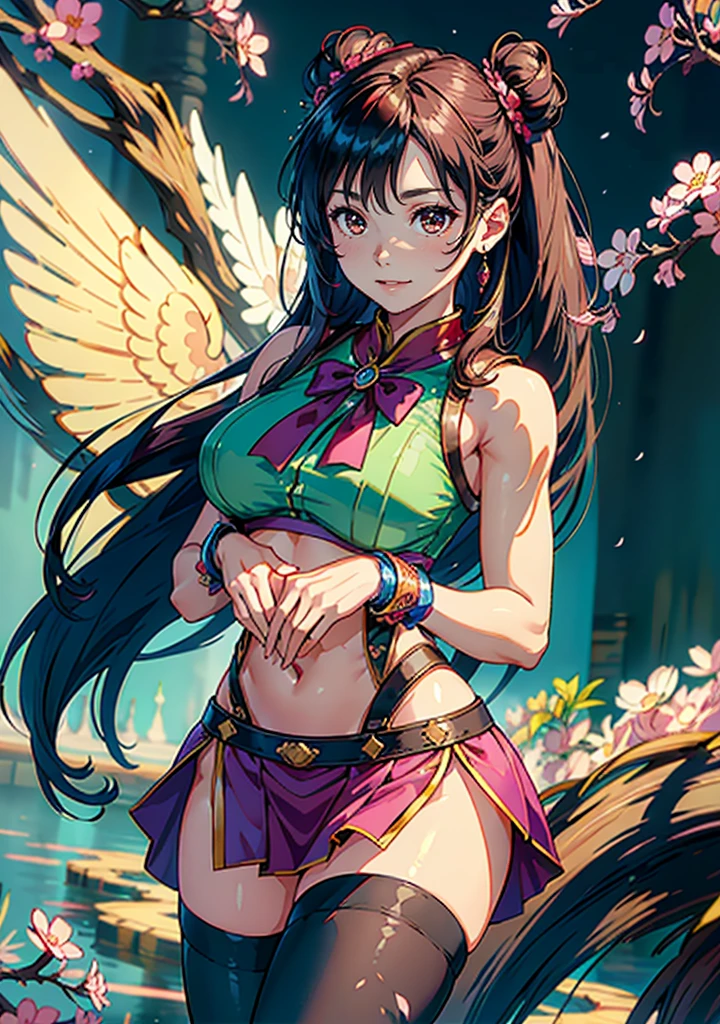 josie rizal, (short dark brown hair), (brown eyes), (slight young woman), (red ribbon hair accessory), {yellow, bell-sleeved, rounded v-neck midriff with a white floral design along the edge of the sleeves and neckline, and a red bikini top underneath}, {blue short shorts underneath the light blue skirt}, {light blue and red skirt with a red rope belt tied into flower-shaped knots}, {The belt meets at the front in a gold, sun-shaped buckle and have two white flowers at the hips designed after the "Sampaguita", the national flower of the Philippines, which is also the inspiration for the floral designs on her top}, {Her shoes are brown warrior sandals with sun designs at the knee and ankles}, {golden sun necklace, matching golden sun earrings, and golden bracelets on both of her wrists}, [retro anime art style], old anime, 1980s \(style\), 1990s \(style\), watercolor \(medium\), 1girl, (masterpiece, top quality, best quality, official art, beautiful and aesthetic:1.2), (1girl:1.3), (fractal art:1.3), solo,realistic full body portrait of josierz, illustration by Greg rutkowski, yoji shinkawa, (Cinmatic:0.4), looking at viewer, fighting stance, [retro anime art style], old anime, 1980s \(style\), 1990s \(style\), watercolor \(medium\), &lt;lora:carrot_mix:0.8&gt;, &lt;lora:Affix_Parapara_V1:0.7&gt; op quality, best quality, official art, ultra detailed texture, ultra detailed hands,