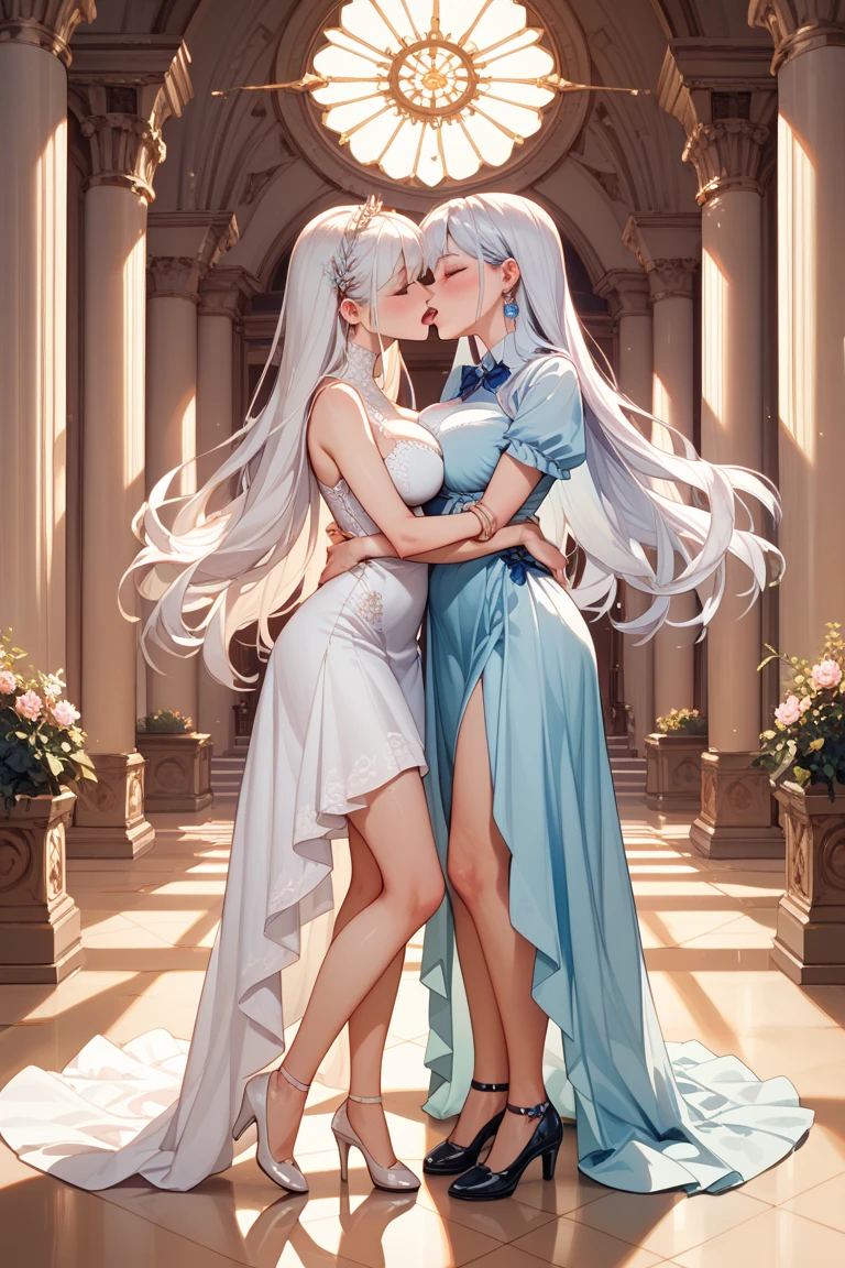 ((realistic)), (detailed), 2girls, white hair, vivid purple eyes, tall, lovely and slender legs, long hair, rounded breasts, cleavage, kissing, very detailed and innocent pretty faces, very low-cut dress, vibrators in vagina, anal beads, squirting, walking on the street, very detailed vaginas, very detailed anus,