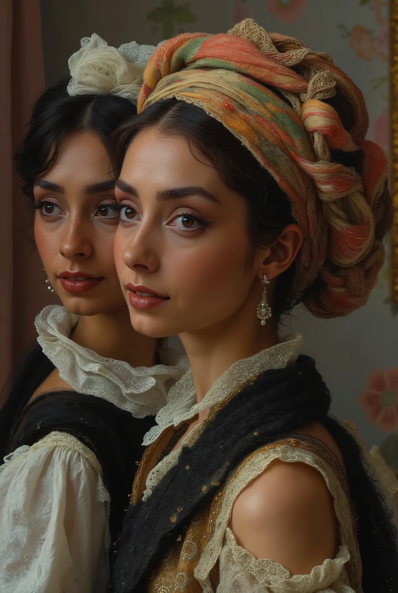 image of a queen and king, Tight frame captures queen and king ivory profile, Animal Butler, The composition echoes Vermeer’s Girl with a Pearl Earring but with an extra character; a king, reimagined through Warsaw’s avant-garde—anachronistic lace collars clash with Afrofuturist textiles. Her and his eyes suggest meditation or withdrawal, the headwrap’s knots symbolizing entangled identity in globalized luxury.
