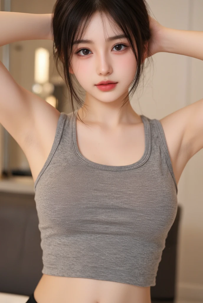 (Original photo: 1.2), (Realistic: 1.4), (Masterpiece: 1.3), (Best quality: 1.4), Dreamy, (detailed eyes), (detailed facial features), (detailed clothing features), Skin tightness, (Shiny skin), (Slim Girl), (Slim Girl), (Slim Girl), 1 Girl, Veronica Code, Solo, Cute, Bangs, Short brown hair, Black eyes, (Medium breasts), ((Shirt)), Dynamic pose, (Kodak Film Color) ((Camera not visible)) ((White Studio) (Studio Light) ,(crop top:1.4)