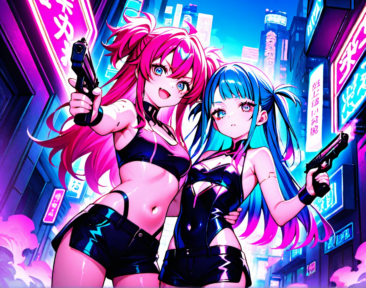 Near future city, sexy duo young female detective, provocative bikini, beautiful twins, portrait anime detective girl --auto --s2