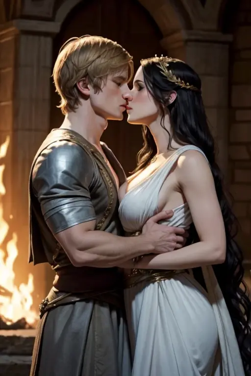 Yennefer white Greek dress large breasts and Bradley James kissing