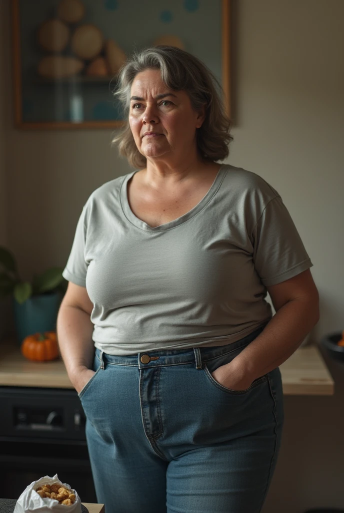 A 63-year-old woman, smiling and anxious she is totally naked with her vagina and pubic hair showing, with a suffering facial expression and a fat face and a double chin and age marks, wearing prescription glasses, with an obese body and short stature, large and saggy breasts, thick legs and thighs, robust abdomen, big buttocks, long, wavy, slightly gray hair, hairy pubic area. She is completely naked and without clothes standing in a dark and shabby living room.