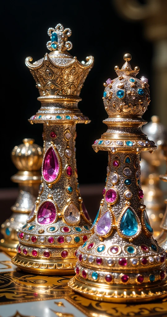 chess pieces and board made of jewels、King and Queen of Chess