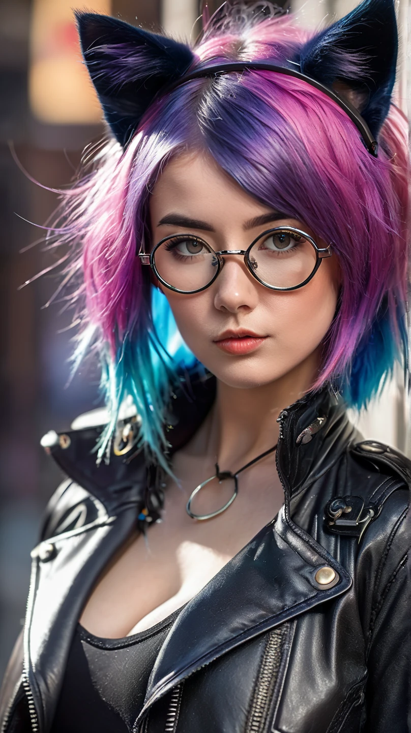 um cara fofo com cabelo roxo e azul, cabelo com mechas, penteado curto, wearing glasses and a leather jacket, tatuagens coloridas, Detailed accessories, ([rabo e orelhas de gato]:1.3), (detalhes intrincados), HDR, (detalhes intrincados, hiperdetalhado:1.2), Cinematic shot, vinheta, centrado