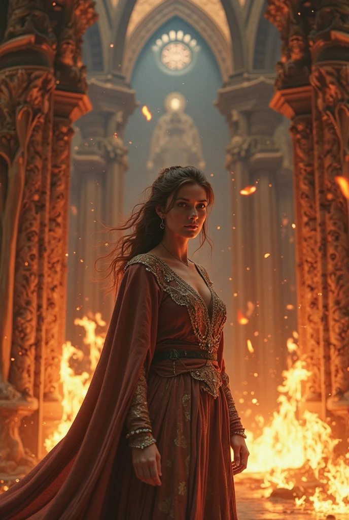 a perfect angle photo of a mature woman, macfoy, posing for the camera, wearing a sorceress costume, in a temple filled with candles, facing viewer, natural lighting, magazine cover, sharp focus, detailed, high quality, high resolution , <lora:macfoy1:0.8>