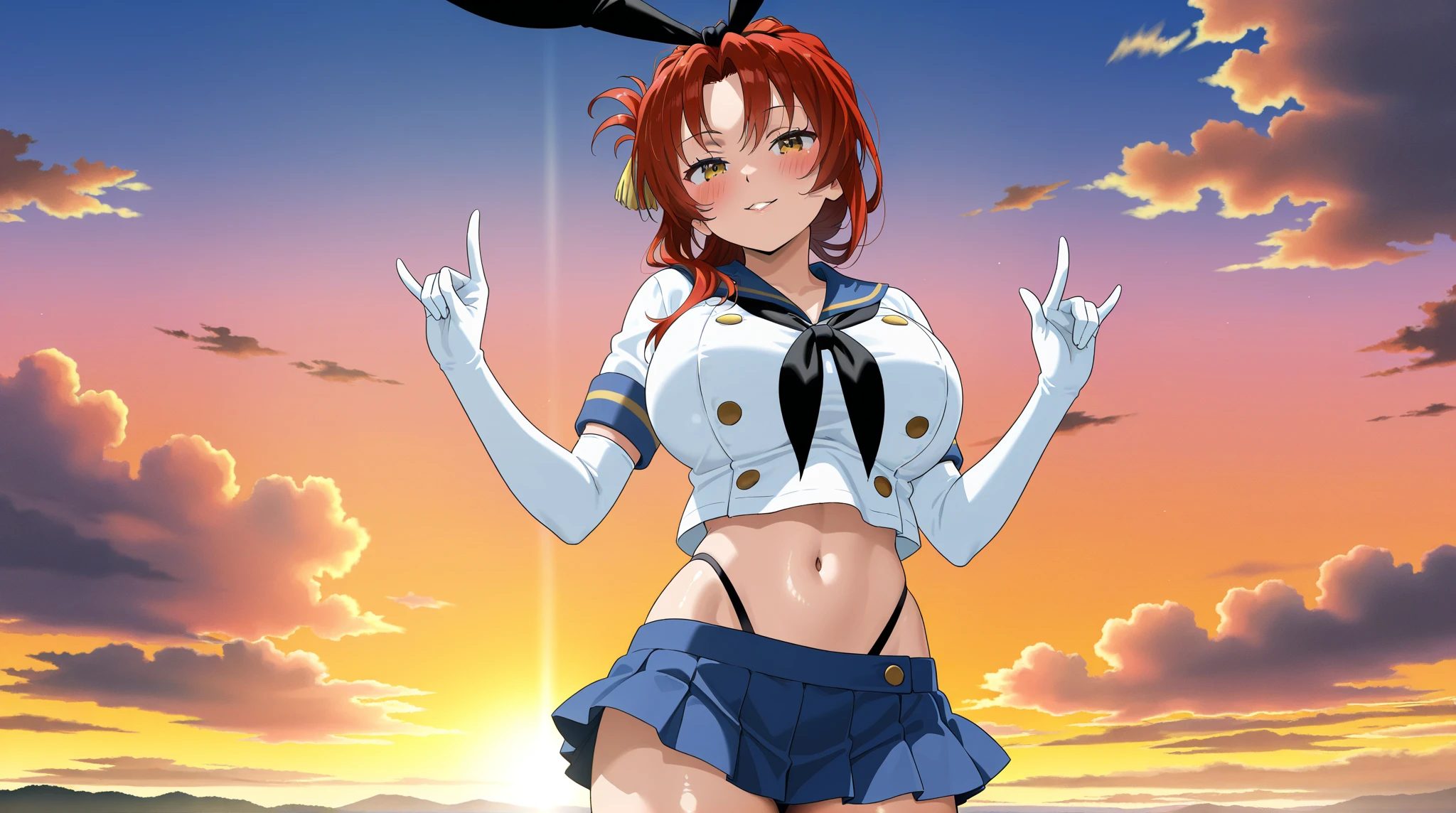 masterpiece, best quality, highres, yl1, ponytail, underboob, cape, bandeau, hair ornament, strapless, tube top, midriff, white gloves, star (symbol), thighhighs, cowboy shot, street, sitting, eating, food,