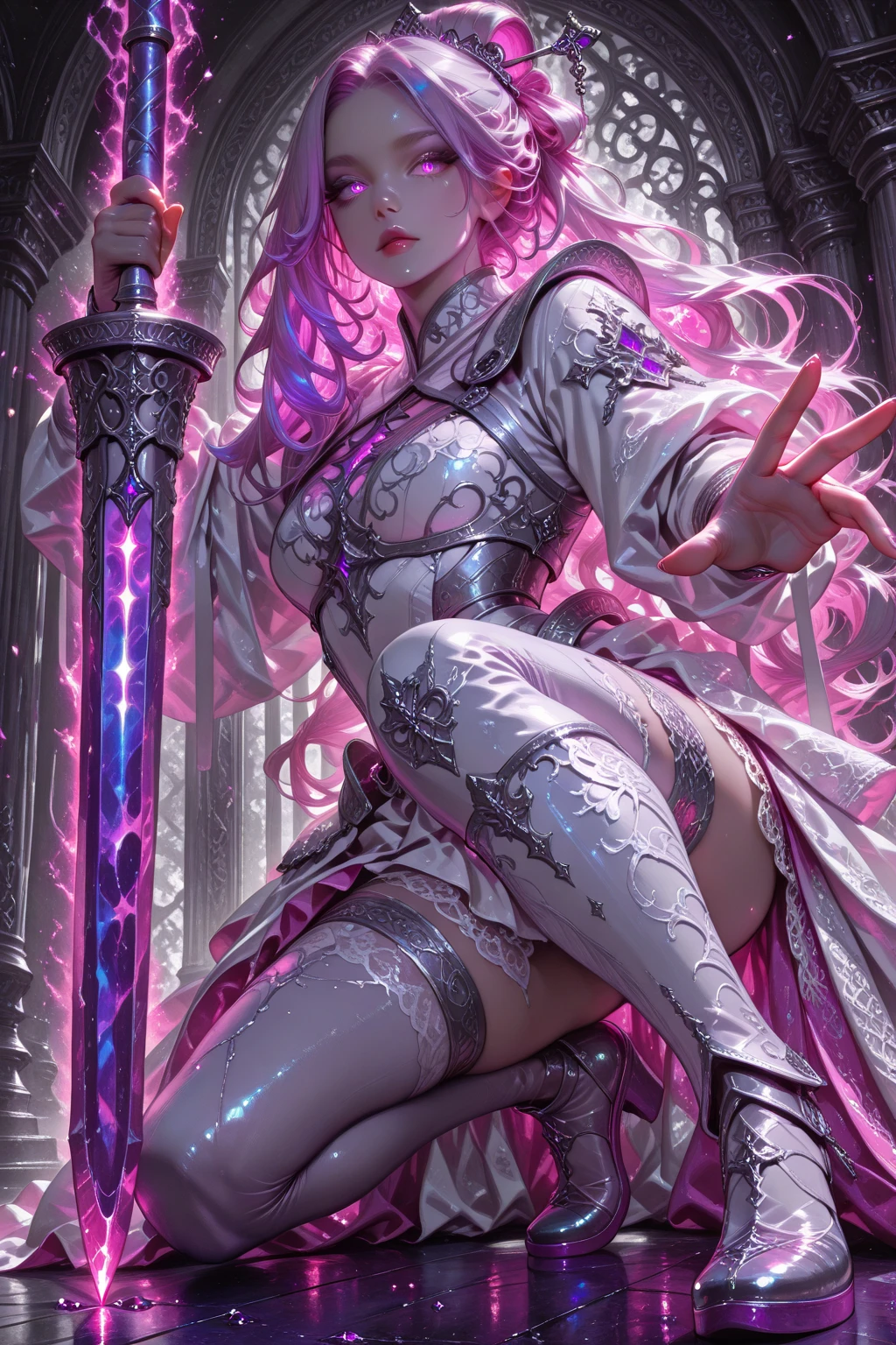 CelineJules, a beautiful mid 20s woman with a slender anime build, light lavender hair in a loose cascade, (inner thigh tattoos (pink:1.4):1.42), standing in a contrapposto stance with a light smile, wearing a deep purple wrap dress, (front of skirt is hiked up), white lace stockings, high-heeled purple boots, and a heavy bust, holding a magic staff above her head in a spell casting pose, set against a starry void background, (pink glowing magic symbol circles:1.27), a swirl of energy around her feet, with extremely detailed facial features, hands, eyes, and intricate background details, rendered in 16k resolution with best quality and masterpiece style, under moody lighting