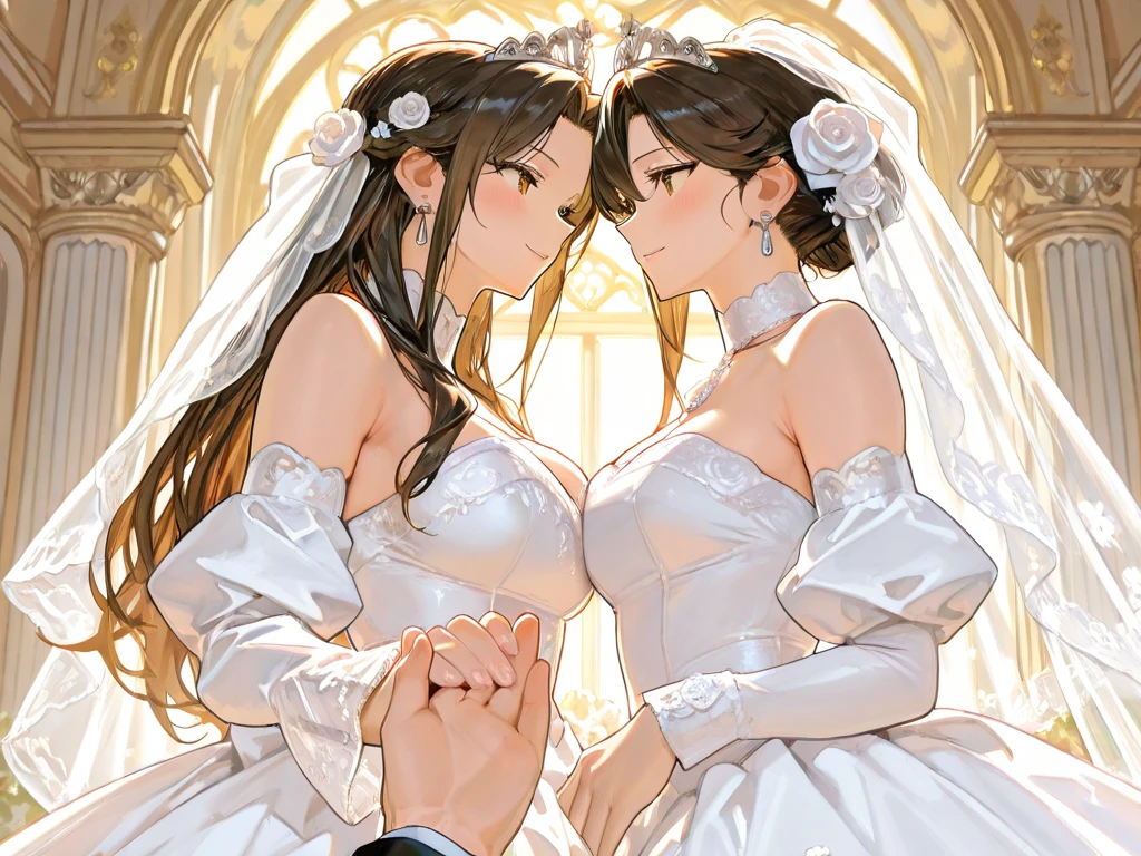 2heads, a very short fat woman with 2 heads. She has enormous breasts. She is wearing a wedding dress. She is wearing a wedding veil. She is outside on a bright day. She has massive breasts. She is smiling wide. She looks very happy. She is blushing. She looks mature and has full lips. She has long dark brown hair. She has gigantic breasts. She looks pleased. Her breasts are enormous.