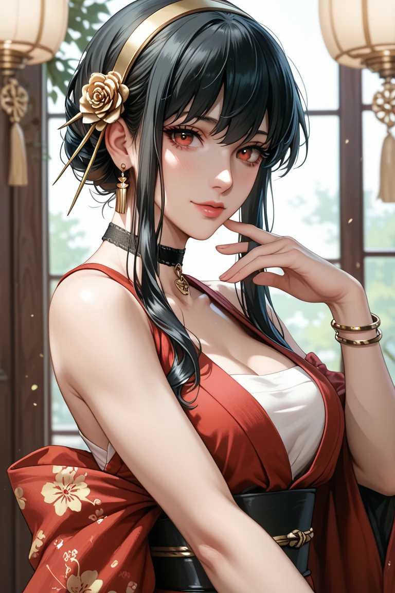 Mature women，Black long hair，Hair up，Red Hanfu，Showing cleavage，Show your shoulders，，Extremely detailed，high resolution，Simple background