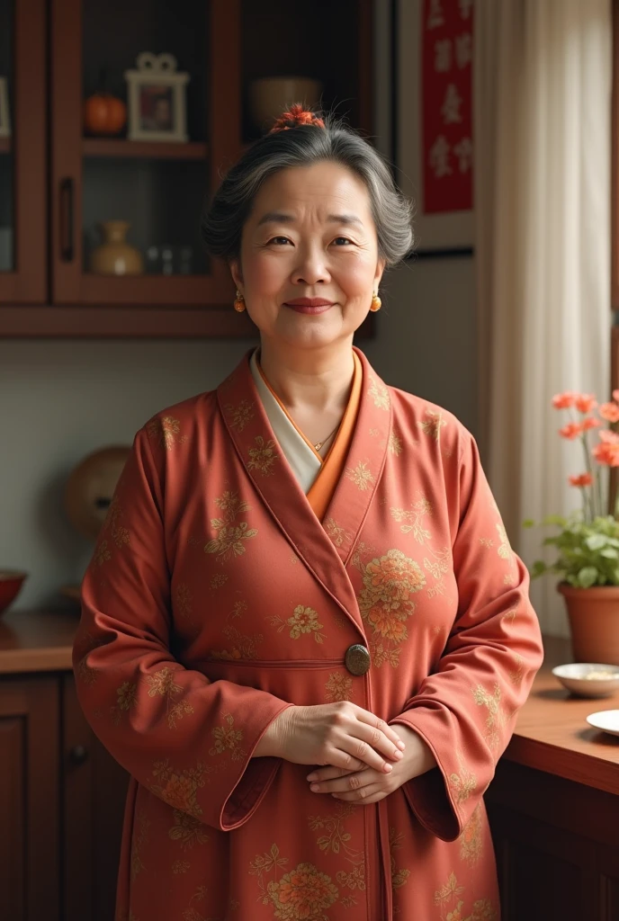 Beautiful mature woman、60-year-old woman、Snapshots、Red lips, ((Thin lips)), Hanbok、Light from the front,