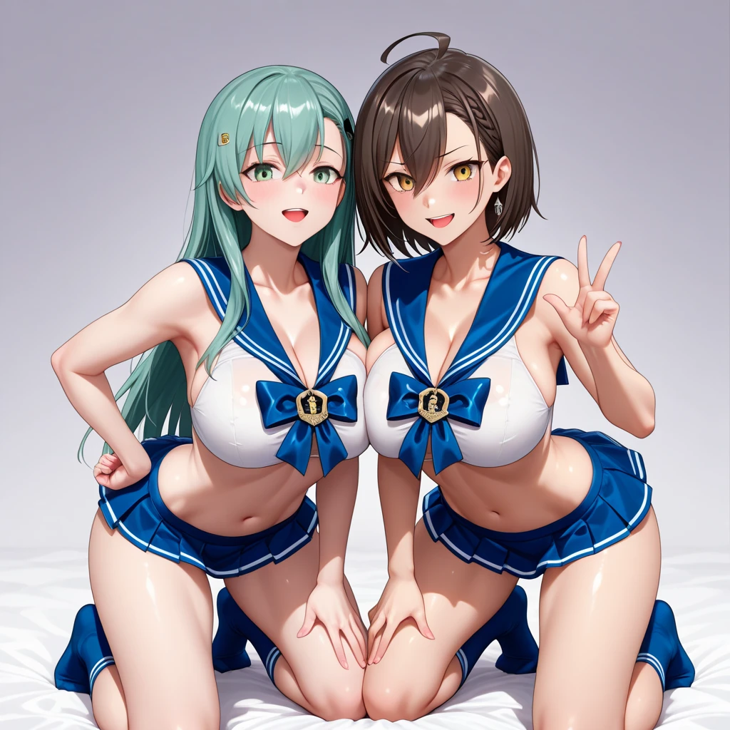 (Best quality, 8k, 32k, Masterpiece, UHD,:1.2),RAW, ((2girls)),ultra cute , natural lighting,transparent shining eyes, 18yo ,fair complexion ,flushed face, shiny, Naked, nude, nsfw, Bare breast, show off pussy, From Below, flower hair ornaments, embarrassed, classroom, hug