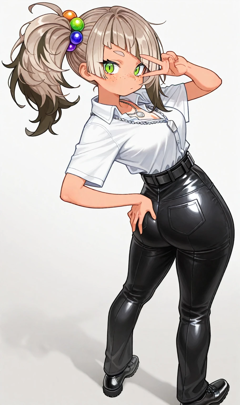 ((masterpiece, best quality)), ((34 year old)), (((Curvy))), (((Japanese woman with messy brown hair)),in grey sweater, ((white cotton panties)), (((Large Hips))), smiling, green eyes, (((realistic art style)))