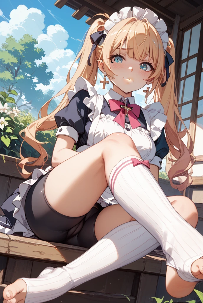 A girl with cute blonde hair wearing a wavy headband like Alice in Wonderland、I am sitting with my legs spread wide.。, showing her butt,s, , amall nipples.。I doar underwear。Pose seen from below。are small。Pose that shows your anus。 and anus are sd。Spreadings with both hands。take off the apron dress。Putting a in the anus、。NFSW
