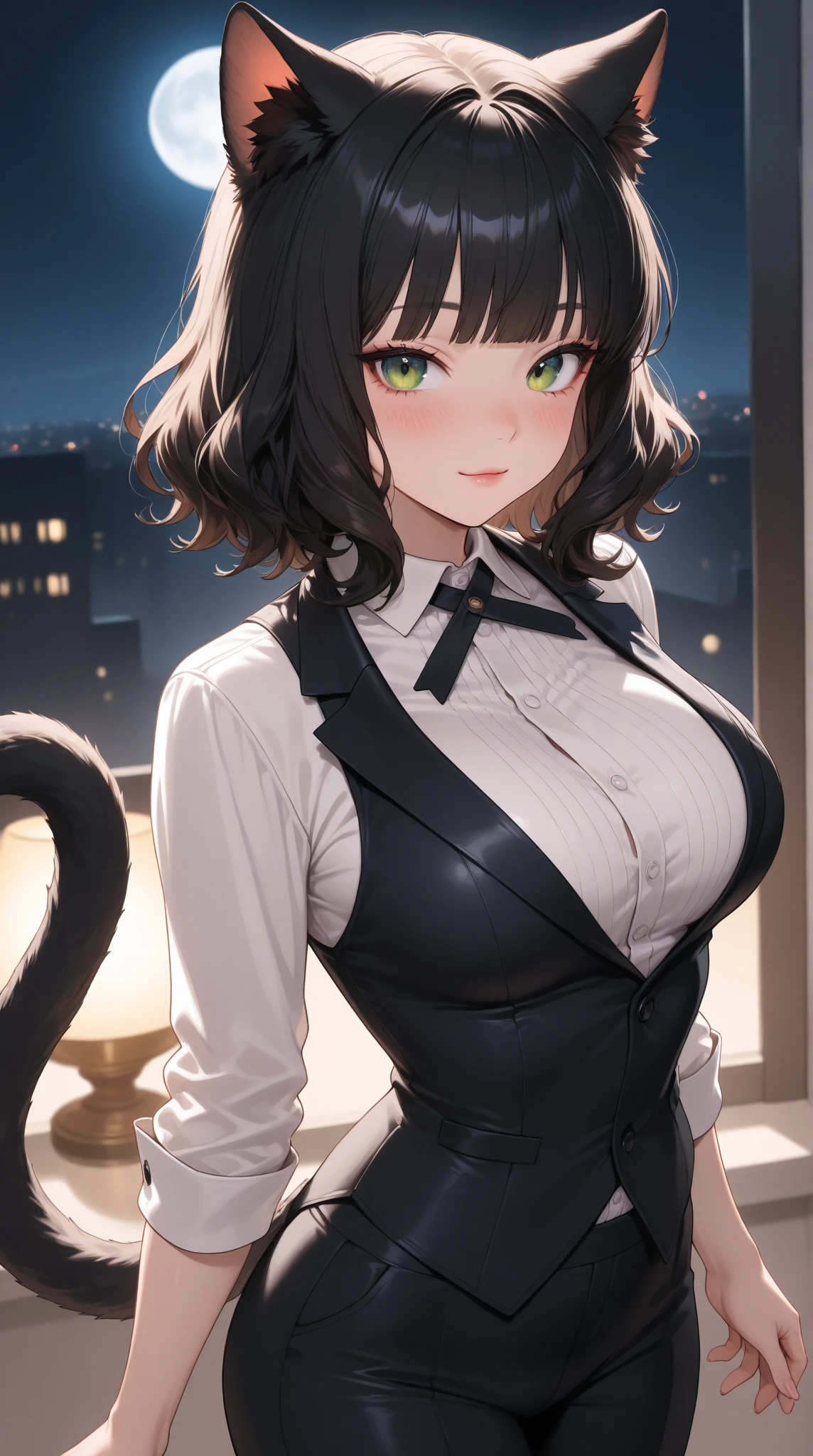 Adult woman, dark purple hair, low ponytail, golden eyes, cat ears, Killer Form, Sleeveless, anger, Masterpiece, hiquality