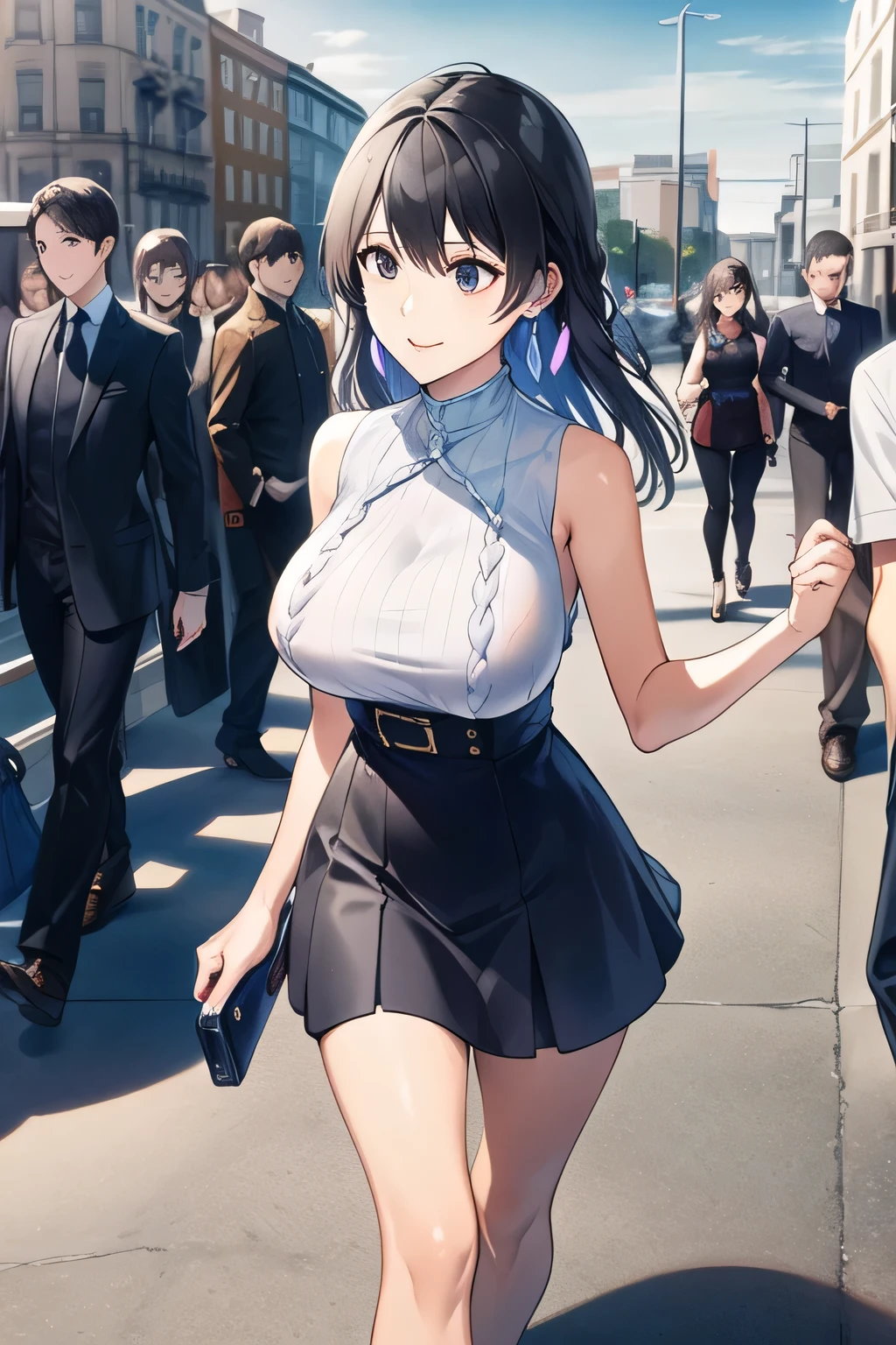 can you draw a woman with a nice smile、My nipples are pointed、It's see-through when it's wet,navy blue pleated mini skirt,I need a face,,I'm drawing a facial expression。draw her expression more delicately,Faces are very important,can you draw a sleeveless dark blue long dress,Big Breastsでもウエストが細い,{{X}},I draw her expression more delicately,walking alone, city tour ,,(((I'm dressed in a casual tourist style))), I have a SLR camera ,(Let's draw a more delicate look),(sleeveless wool sweater),( Pleated Legs,white panties),(That work is enough for one person {X} Can you draw the perfect balance to curb destruction)、 That's enough,frown。unless the job requires it。 {X}、 , An attractive 40-year-old woman takes off her uniform, big black wavy hair, , Big Breasts, thin waist , , ,