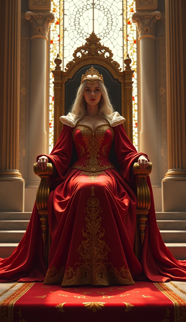 Blackpink rosé with blonde hair and royal red queen clothes, sitting on a golden throne, in front of her are a group of female peasants wearing warm velvet coats