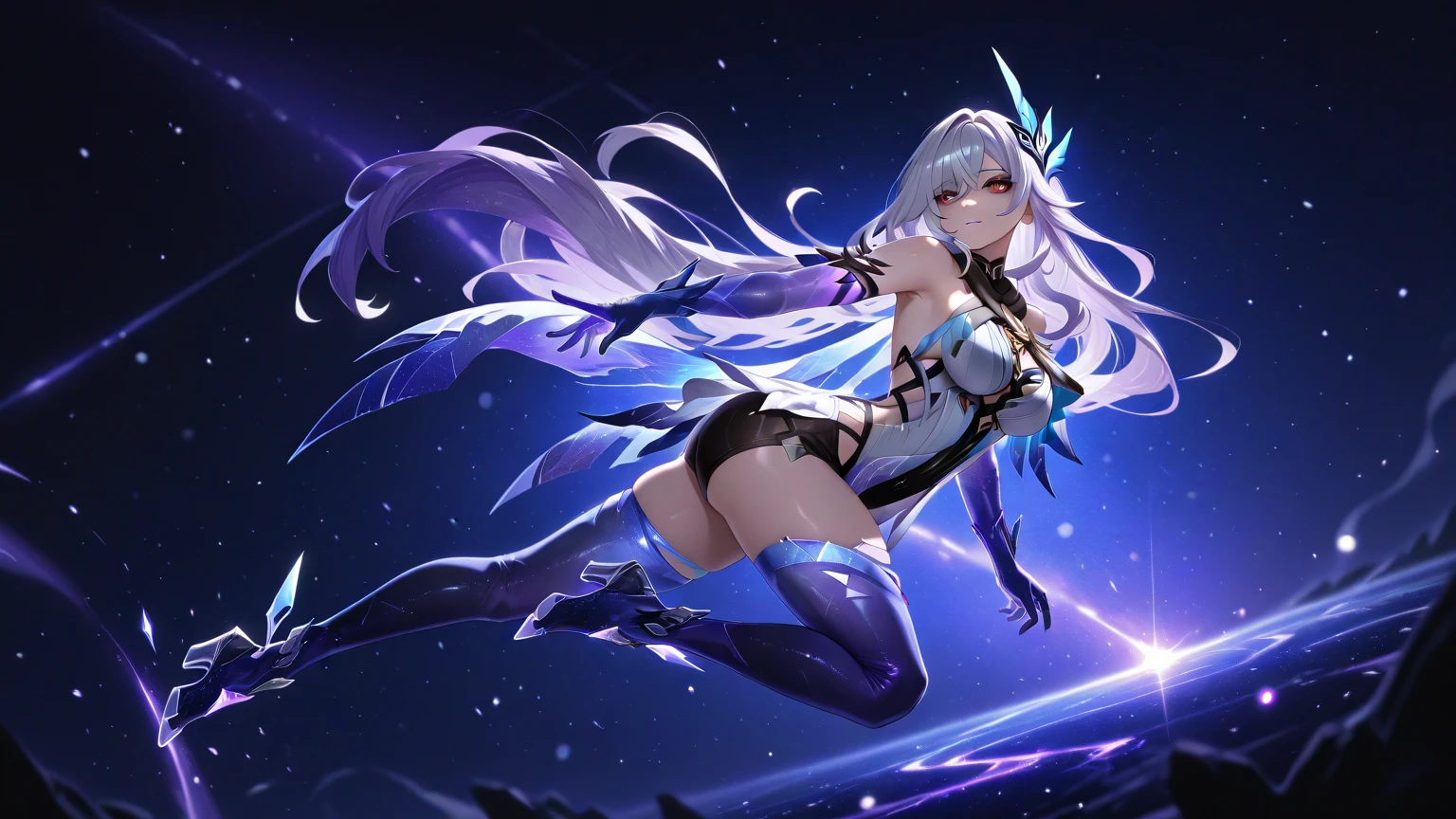 8K, Highest quality, (real:1.4), Original photo, 1 girl, Asari Hair, Biological Amplifier, Very sleek and futuristic armor, posture: Peace talks between warring factions,,attention arousal, smart blue eyes,A modest smile,Knee-high boots,Patent-look blue tights,Blue big moon and blue light swirl in the background,Blue light from behind,blue light magic,A small, glowing blue ball in the palm of your hand,Blue flame swirl,Blue Comet,Polished floor,