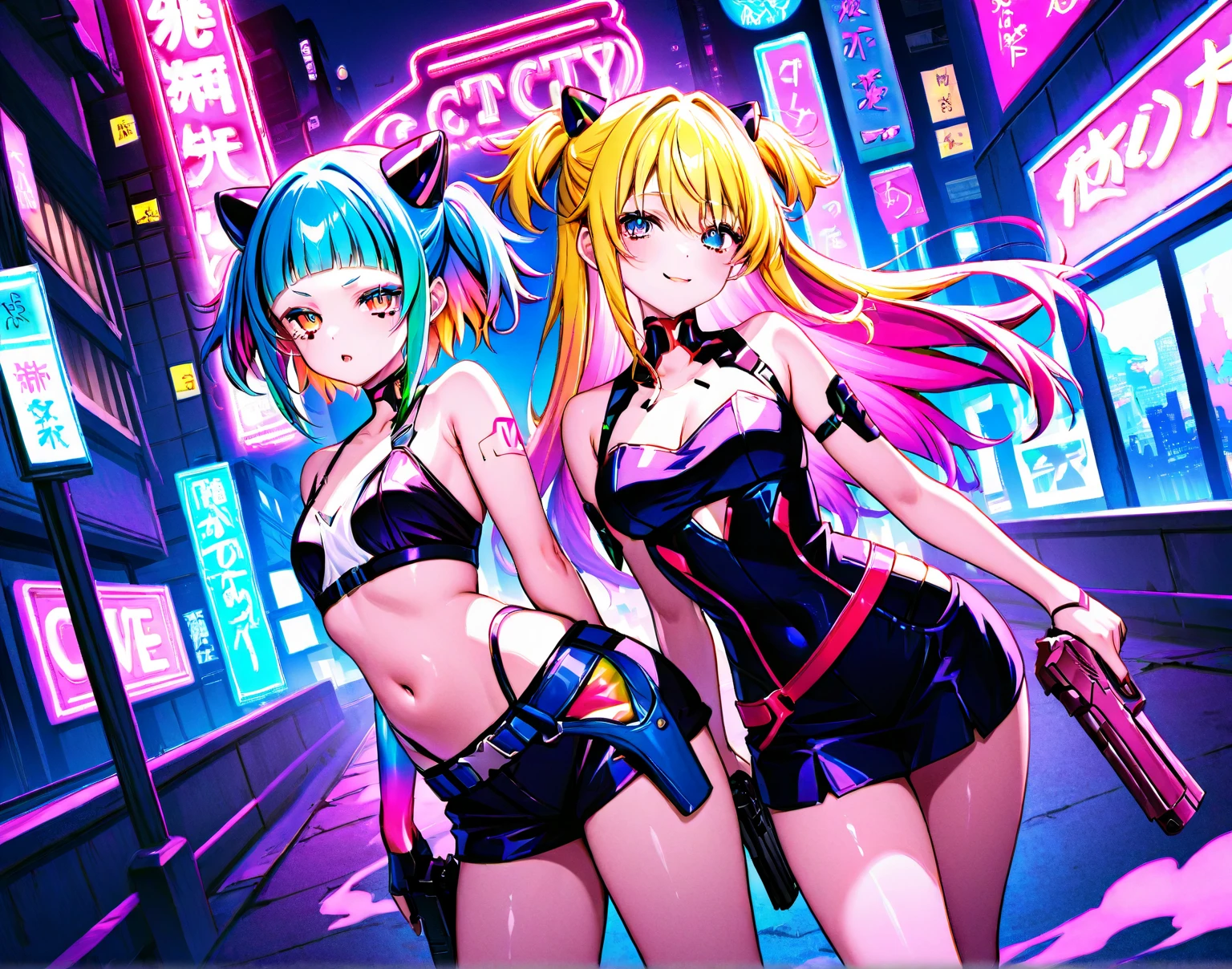 (best quality, masterpiece), 2girls, hologram, cyberpunk, neon, fog, (cartoon: 1.5), thong, tight, small, neon signs, ramen shop, fishnet stockings very low, transparent, very long hair, on piece suit, latex