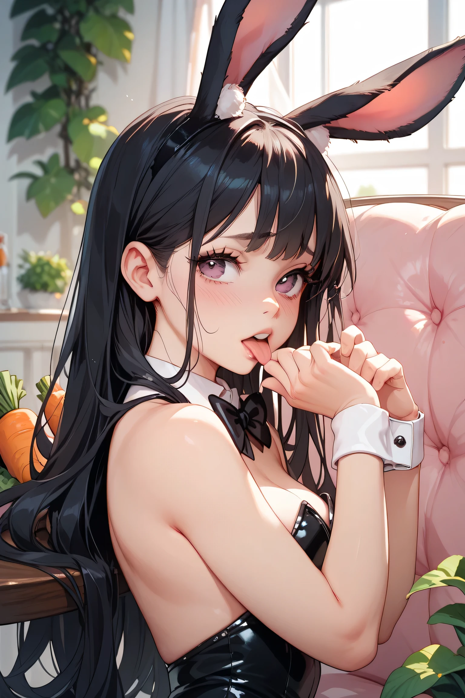 fake animal ears, playboy bunny, cherry blossoms, rabbit tail, white leotard, strapless leotard, black bowtie, rabbit hair ornament,<lora:mayijiang-10:0.8>,mayijiang,light smile,mid_breats,best quality