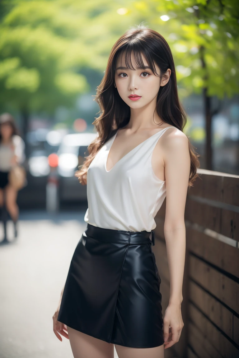 Masterpiece, best picture quality, one beautiful girl, detailed eyes, swollen eyes, brown hair, long hair, fair skin, cute, cute legs, short skirt, Japanese woman, Asian beauty, moonlight, strong eyes, professional lighting, bright lighting, double eyelids, slender, Japanese woman, Asian beauty,