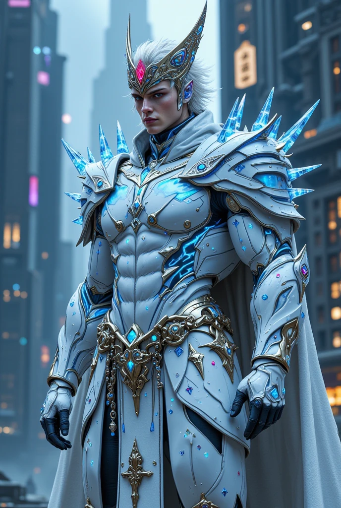  full body photorealistic ultra realism high definition aesthetic stabilized diffusion picture of handsome hunky fractal clean shaven Warrior, in blue Sapphire transparent sparkling shiny crystal glass chrome filigree outfit,,look at camera, detailed facial parts,, studio as background, Freestyle Pose, Happy Expression, perfect ???????, symmetric body,, 18 years old, high detail, a lean athletic body, realistic, human skin, extremely detailed fingers,  chad chin,, masculine, human skin, (eyes contact), gorgeous, Attractiveness 