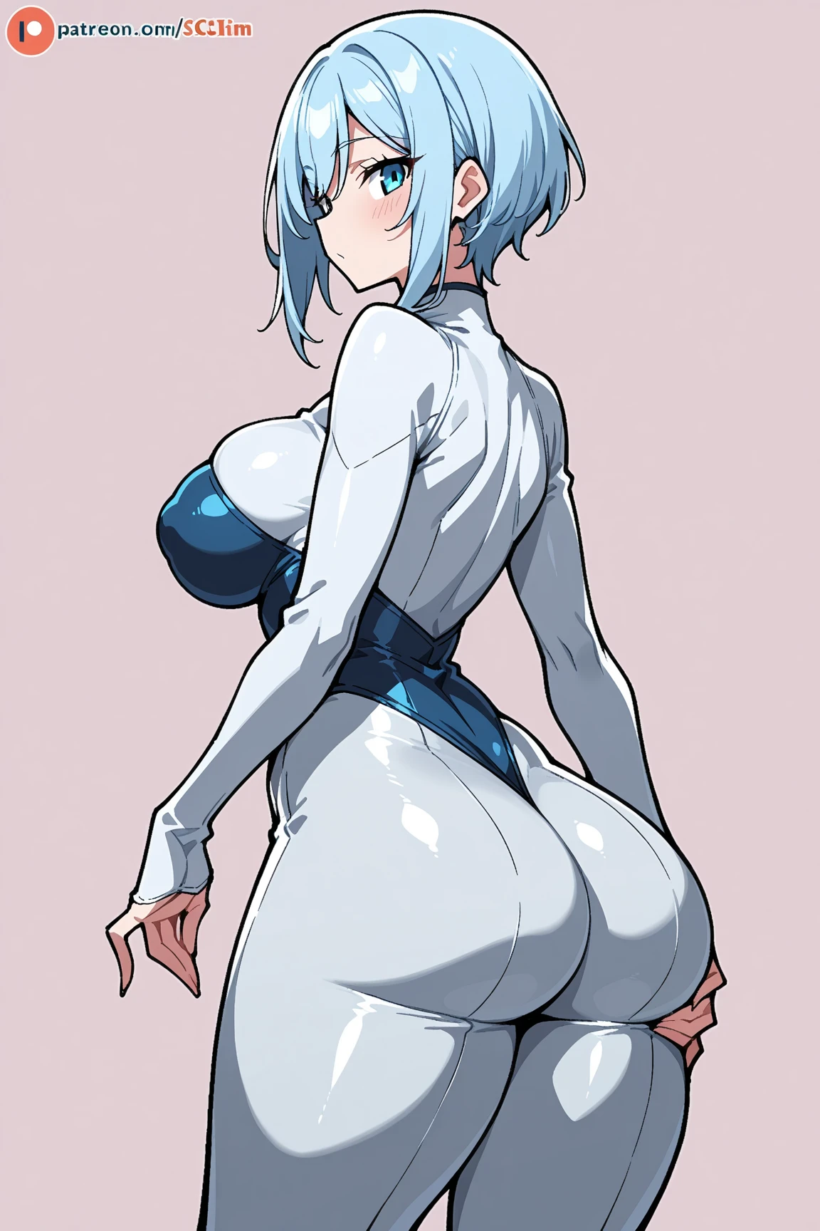 1girl, tall, fit, 40s, blue eyes, white hair, blue eyes, large breasts, large ass, white latex outfit