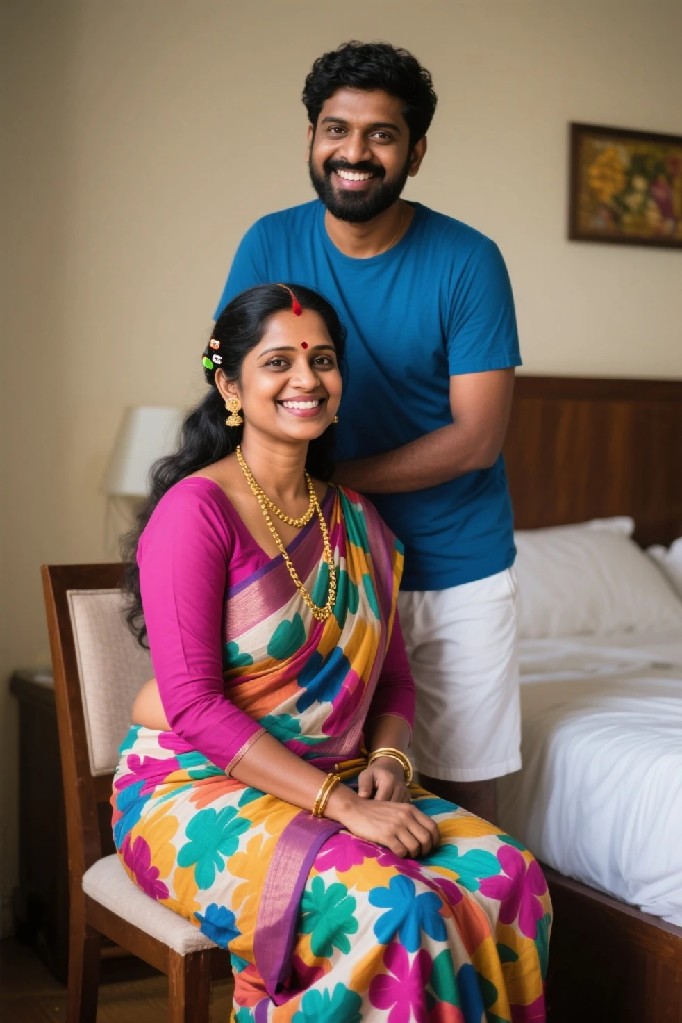 1 man, 1 indian mature woman, mature female, (mother and son), man, hug, woman hold man's dick in hand , kneeling, in a room, 