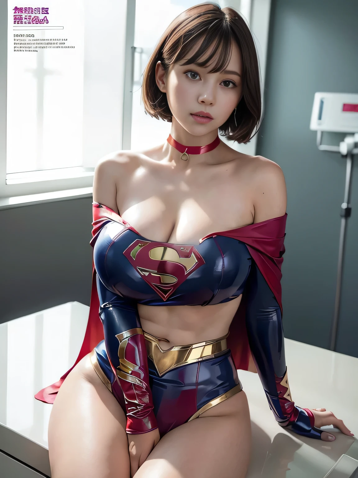masterpiece、Vinyl Supergirl Costume、short hair、Vinyl Long Boots、Big and ample breasts、shiny sweaty skin、looking at the camera、choker、Long sleeve、Sexy poses to seduce、Off the shoulder、latex、from right in front、athlete、Racing Bloomers、Red Cape、Muscle training、Thighs、Photo magazine cover、Public Image、