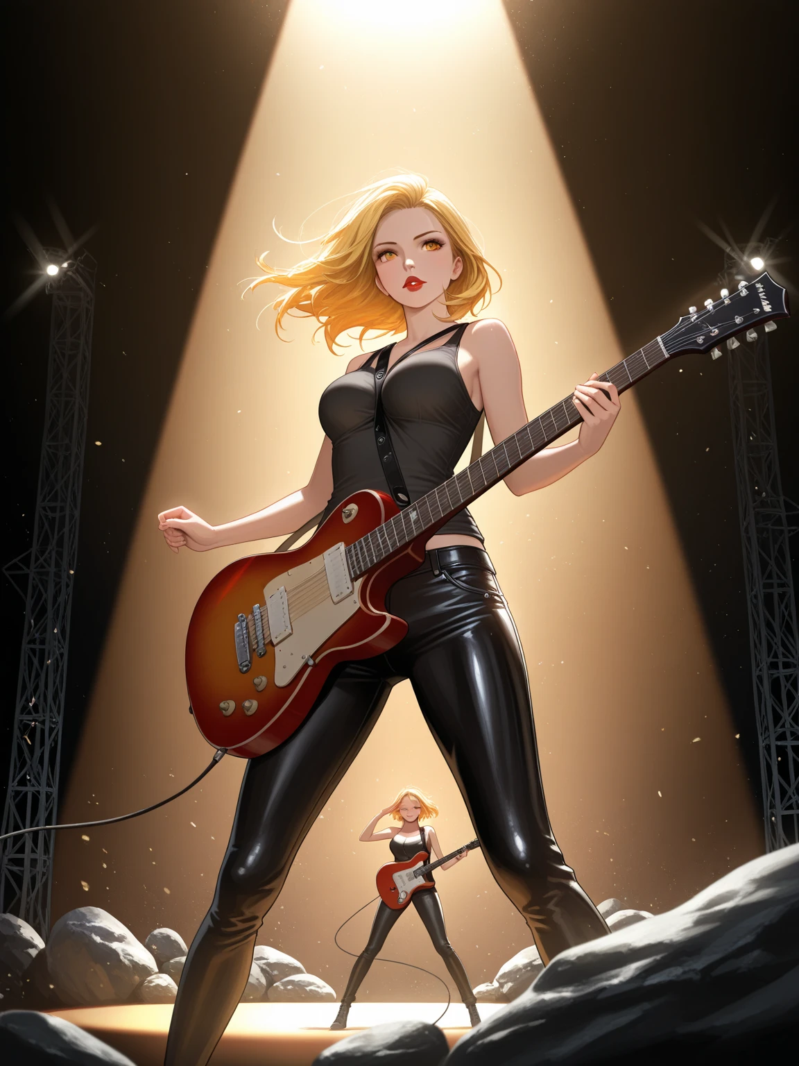 Madonna, corpo inteiro, provocative lips, provocativef Chothes futuristic, tocando guitarra fender stratocaster, floating in the space, Retro style, preto e branco, high resolution, 4k, vector art