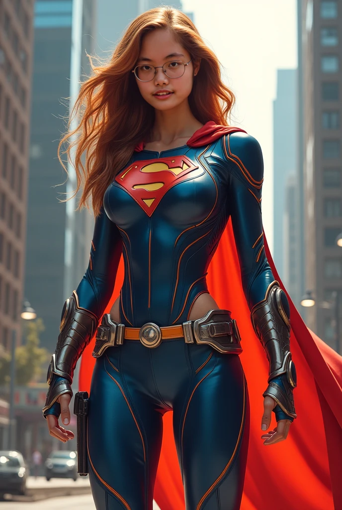 A MUSCULAR FEMALE, WITH LONG RED HAIR, GREEN EYES, WITH A SEXY BODY, WEARING A CLASSIC SUPERMAN COSTUME AND RED CAPE. ABSURD 8K RESOLUTION, INCREDIBLY DETAILED SKIN AND EYES