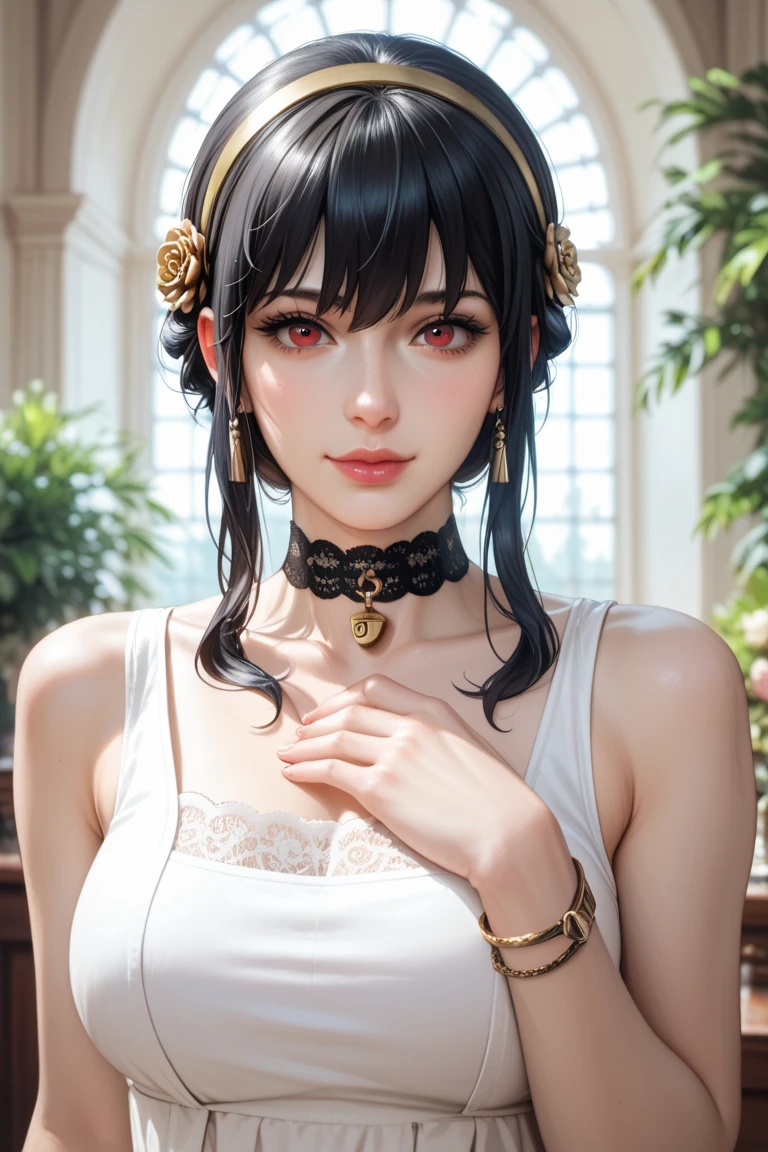absurderes, masutepiece, Best Quality, nffsw, 1girl in, Mature Woman, (Sharp Focus), Villain's smile, medium breasts, (Hair on long black background), (grey eyes), (Detailed eyes), Gothic lace costumes, Black and Red theme, Realism, Black_castle, Ultra-detailed, Vivid, Intricate details, Photorealistic