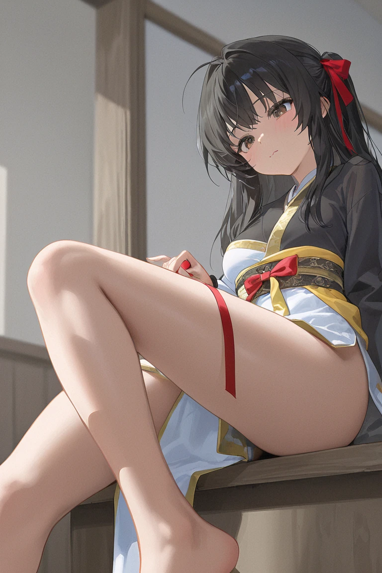 (((round face))), drooping eyes, smiling, various patterned feminine casual dress, (squatting and spread legs, self pleasure, highly detailed realistic texture panties), strong sunlight, braid, old fashion, angle from below,