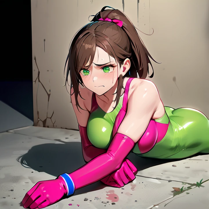 Master piece, best high quality image, carefully detailed details and textures, alone character, full view, HD, high resolution
{{(1character: 50 years old brown haired human woman noble: (fair skin, short straight brown hair, beautiful blue eyes, beautiful face, sharp eyebrows, voluptuous figure, big breasts, beautiful legs), (green headband, pale-green one-piece wrestler leotard, cleavage, green arm sleeves, dark-green fingerless gloves, green long wrestler boots, pale-green knee pads, pale-green elbow pads, short blue cloak), (alone and very tired, defeated, frustrated, fallen on the wrestling ring mat, breathing tired, sweating, recovering herself, pain), (wrestling ring, night show, wrestling aftermath))}}