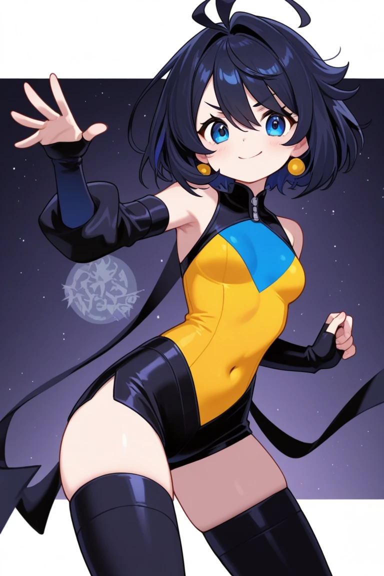 Boku No Hero Academia style girl, , slim build, height 1.50, wide thighs and pronounced chest, a swimsuit type suit, in the bottom, top long sleeves, purple with black, with bare legs and purple and black boots, black hair, white locks in front, Brown eyes, upturned nose, pink lips and simple eyeliner