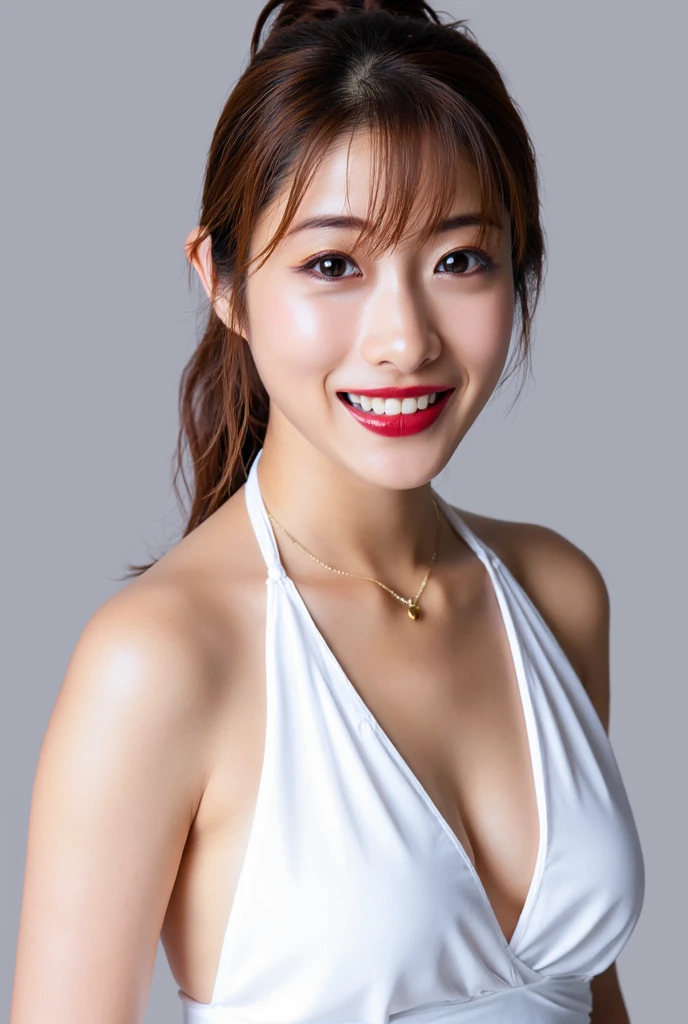 A superb exquisite real beautiful girl, semi-long hair, extremely exquisite facial features, peerless beautiful girl, navy halter neck dress, slender, small breasts, exposed thighs, sweet shy smile with teeth, soft, dreamy quality, light white and dark brown, exaggerated facial features, solid color, frank off-white, surreal, ultra-clear, beautiful, cute and lively, background at the bar counter,