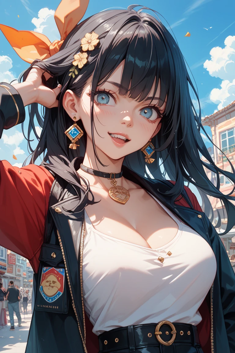 ((highest quality)),(ultra high resolution),(Super detailed),(detailed description),((best CG)),(best work of art),super precision art,great drawing art,(Fashion art with precise details:1.5), (1 female model:1.7),(beautiful and well-shaped face:1.5),(off shoulder t-shirt:1.5),cleavage:1.5,(look up:1.6), street:1.5,open terrace:1.3