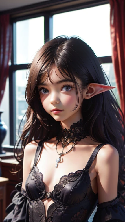 beautiful, green skin, skin is green, goblin girl, cute, adorable, small breasts, black hair, hair is black, freckles all over body, clothed in cute dress
