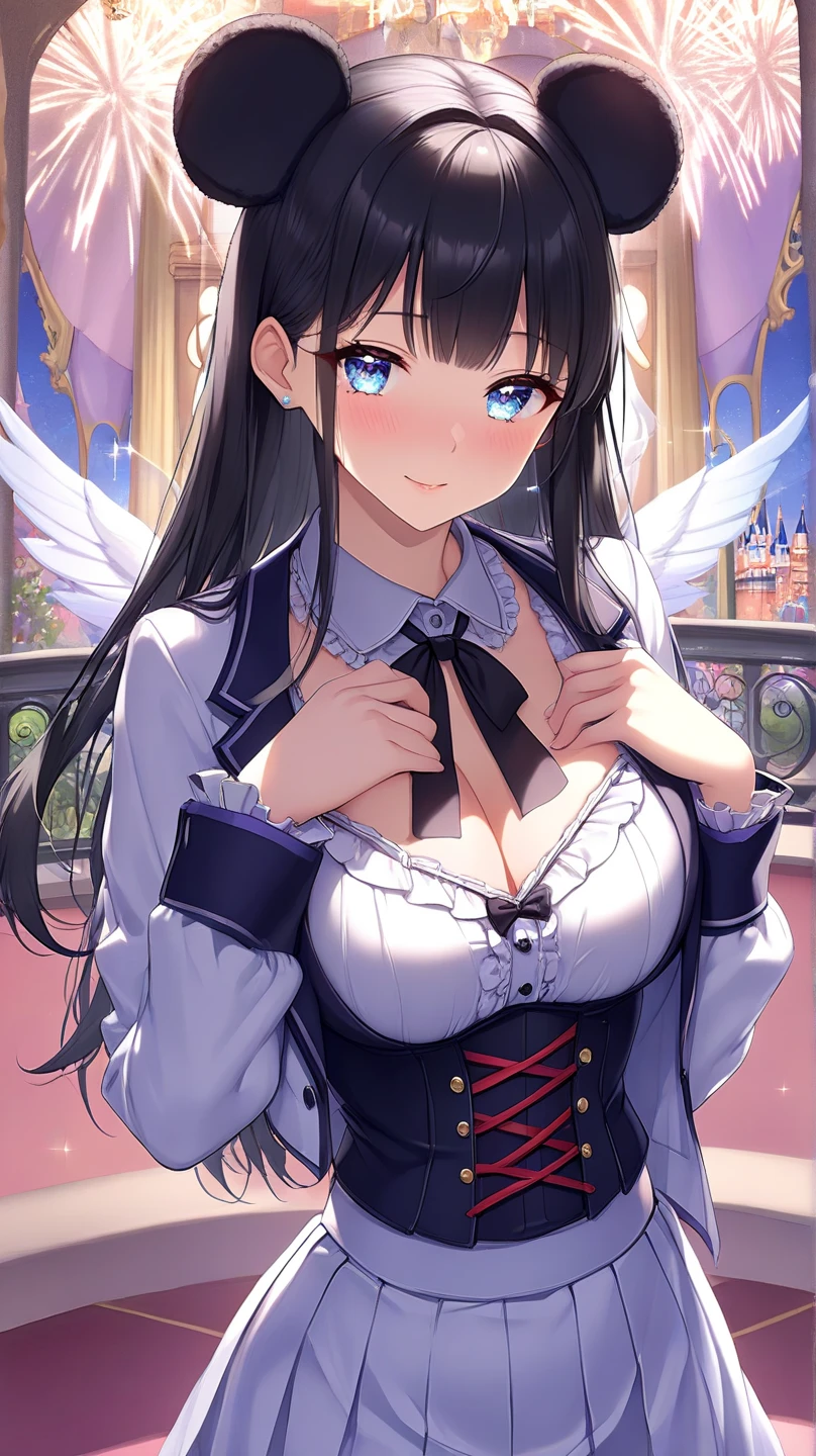 ((masterpiece, sidelighting, finely detailed beautiful eyes: 1.2)), ultra-detailed, ultra high res, professional lighting, high quality makeup, beautiful detailed eyes, sexy, beautiful, big eyes, (drooping eye:1.2), seraph, solo, alone, slender body, (Circle of Angels:1.1), (Angel Wings:1.1), blue sapphire eyes, wide sleeves, outdoors, highest quality, ultra detailed, Soft light, (rime:1.3), Extremely cute, (extremely detailed beautiful face), Authentic skin texture, beautiful hair, beautiful face, beautiful eyes, beautiful body, beautiful hands, (grin smile:1.6), (face focus, cleavage breasts focus, thigh focus:1.4)