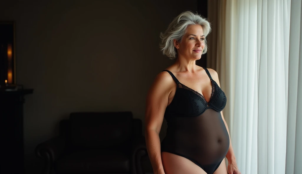 Mature old woman 80 years with silver short curly hair, plus size, old face and body with many wrinkles, loose skin, standing at bedroom posing for photo, She wearing black robe with large neckline and lace stockings, view from behind. jaw dropping mature older beauty, old face and body with wrinkles, old face, full visible legs, smiling, attractive grandma, a gorgeous old hair, beautiful old grandma, lovely older mature grandma, gorgeous beautiful grandma over 80 years old, beautiful silver short curly hair grandma, beautiful detailed body and face, a beautiful old granny