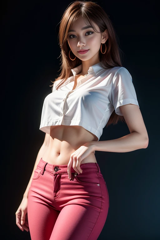 8k, masterpiece, original photo, best quality, lifelike, Extremely detailed CG unified 8k wallpaper, depth of field, movie lighting, lens flare, Ray tracing, (extremely beautiful face, beautiful lips, beautiful eyes), Intricately detailed face, ((Super fine skin)) 1 girl, in the darkness, deep shadow, Beautiful Korean girl, kpop idol, 1 girl, (very slim slender fit-muscled body:1.3), ((looking at the audience)),(bright smile:1.3), (pink leggings), (midnight, dark night, (neon lights), (blurred background), dim lights), (no one in the background:1.3), beautiful earrings, bracelet, necklace, pantyhose, clear eyes, walk , frontal shot, (pale skin), (big eyes), facing forward, (full-body shot), ((silk hot pink shirt)), (brown hair), ((tie shirt)), open navel, (looking at the audience:1.3) very slim, medium breasts, (camel toe), Thick thighs, look back