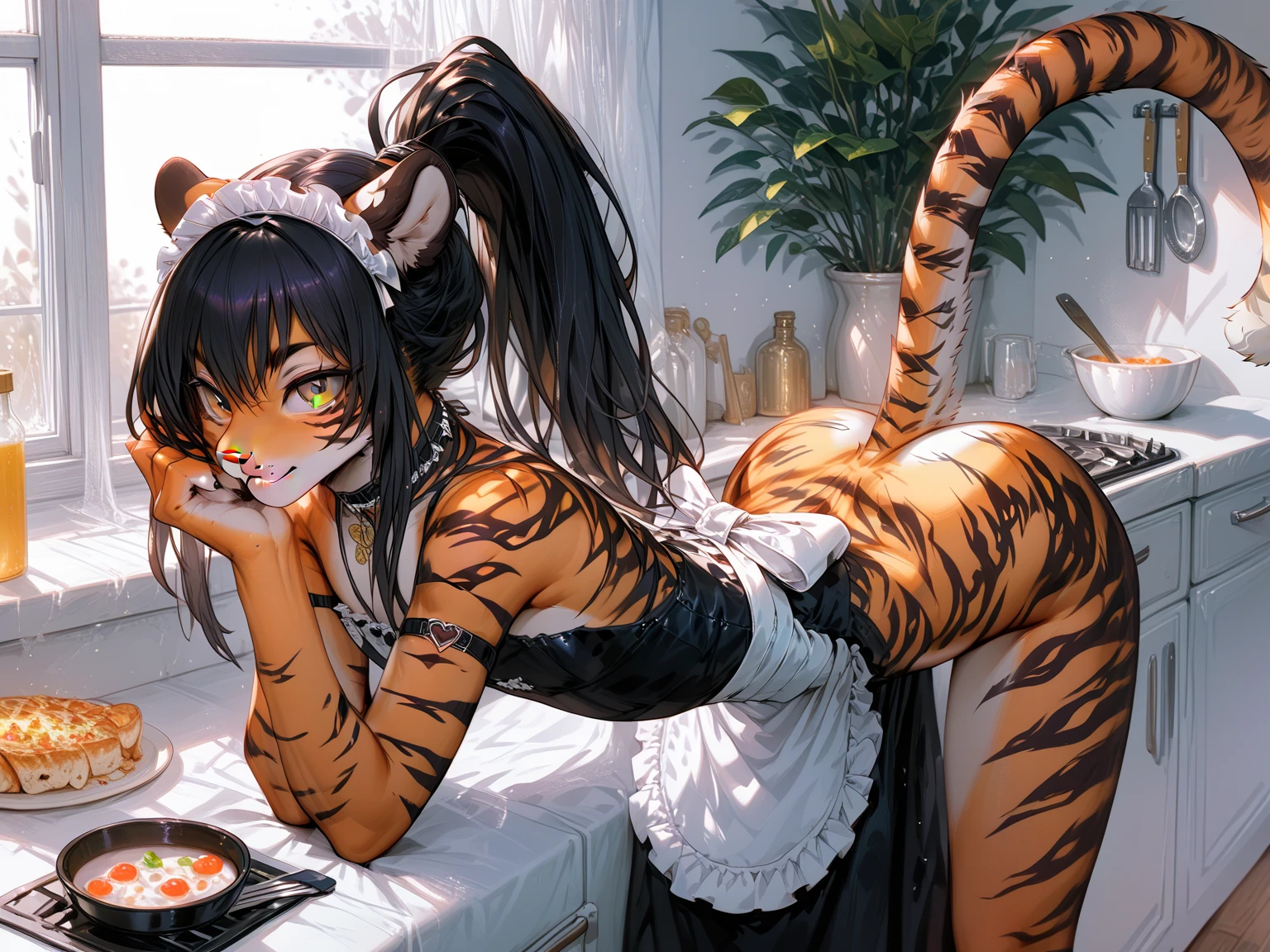 Highest quality,High resolution,1People Girl,whole body,fine,smile,looking at the camera,Bedroom,Dazzling lighting,ponytail,Black Hair,Yellow-green eyes,Sailor Leotard,beautiful girl,Cat ear,Cat tail,