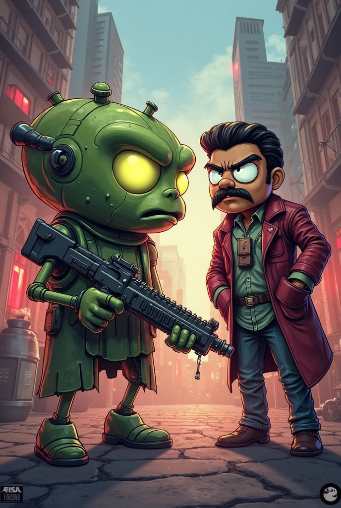 full body version, 1man, middle-aged, professor, short height, small legs, white coat, black pants, black eyes, black hair, loose hair, yellow skins, square head, beard, a symbol on his forehead, black handkerchief, Grassroots, (Has a pet orc with a robotic body, full body version, red skin, blue eyes)