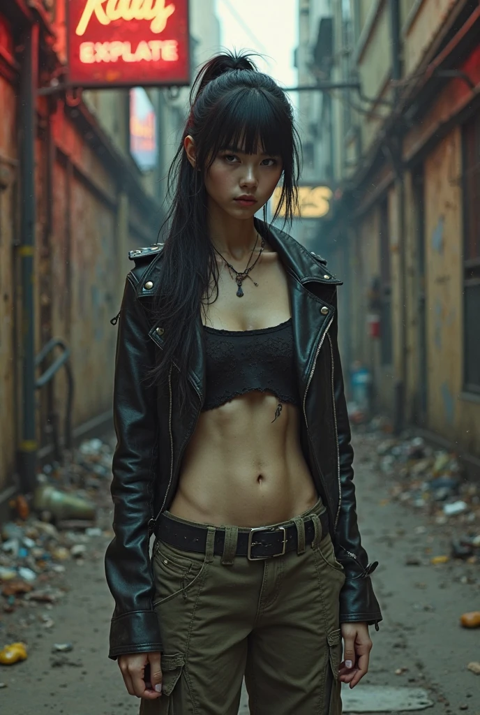 (Zendaya:Evangeline Lilly) ,sitting on some stairs, ripped jeans, tank top, ((pulls up her shirt)) , slightly muscular, Beautiful anime waifu style girl, hyperdetailed painting, luminism, art by Carne Griffiths and Wadim Kashin concept art,  post-apocalyptic background, abstract beauty, approaching perfection, pure form, golden ratio, minimalistic, dark atmosphere, unfinished, concept art, intricate details, 8k post production, high resolution, hyperdetailed, trending on artstation, sharp focus, studio photo, intricate details, highly detailed, by Jon Bauer